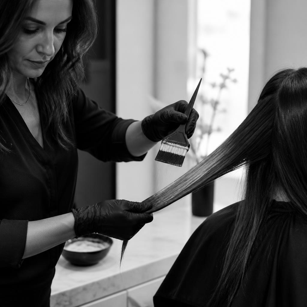 Mão com luva aplicando produto químico em uma mecha de cabelo sobre papel alumínio, em preto e branco