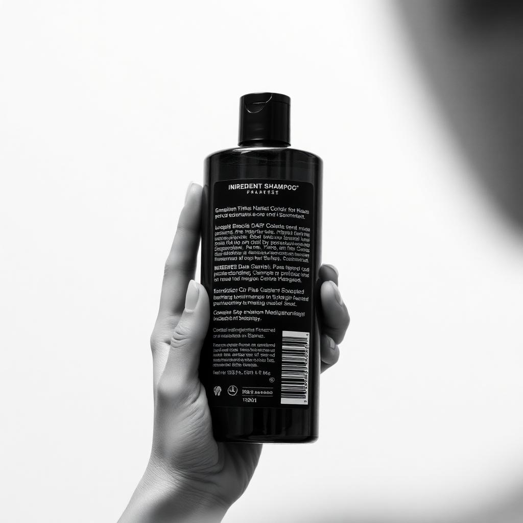 Mão segurando um frasco de shampoo e observando a lista de ingredientes no rótulo, em preto e branco