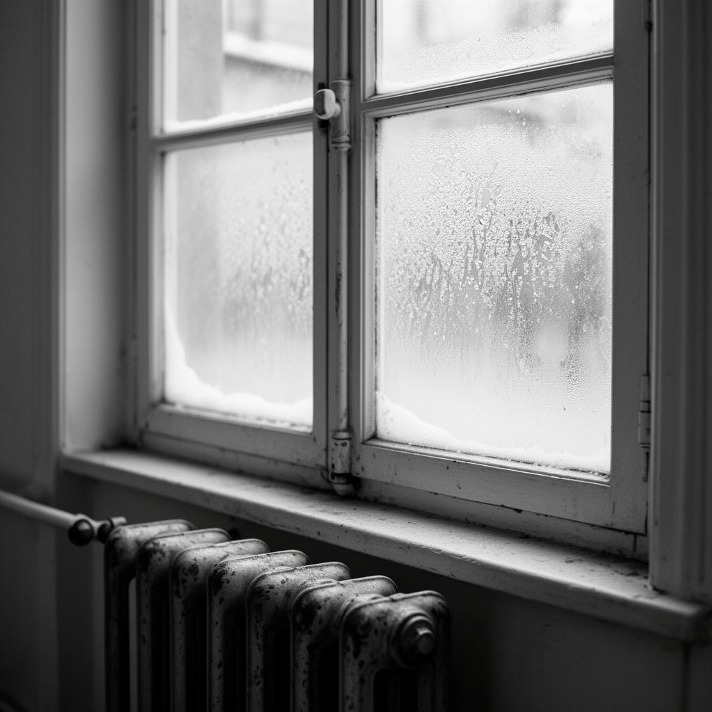 Janela embaçada de inverno europeu com radiador ao fundo