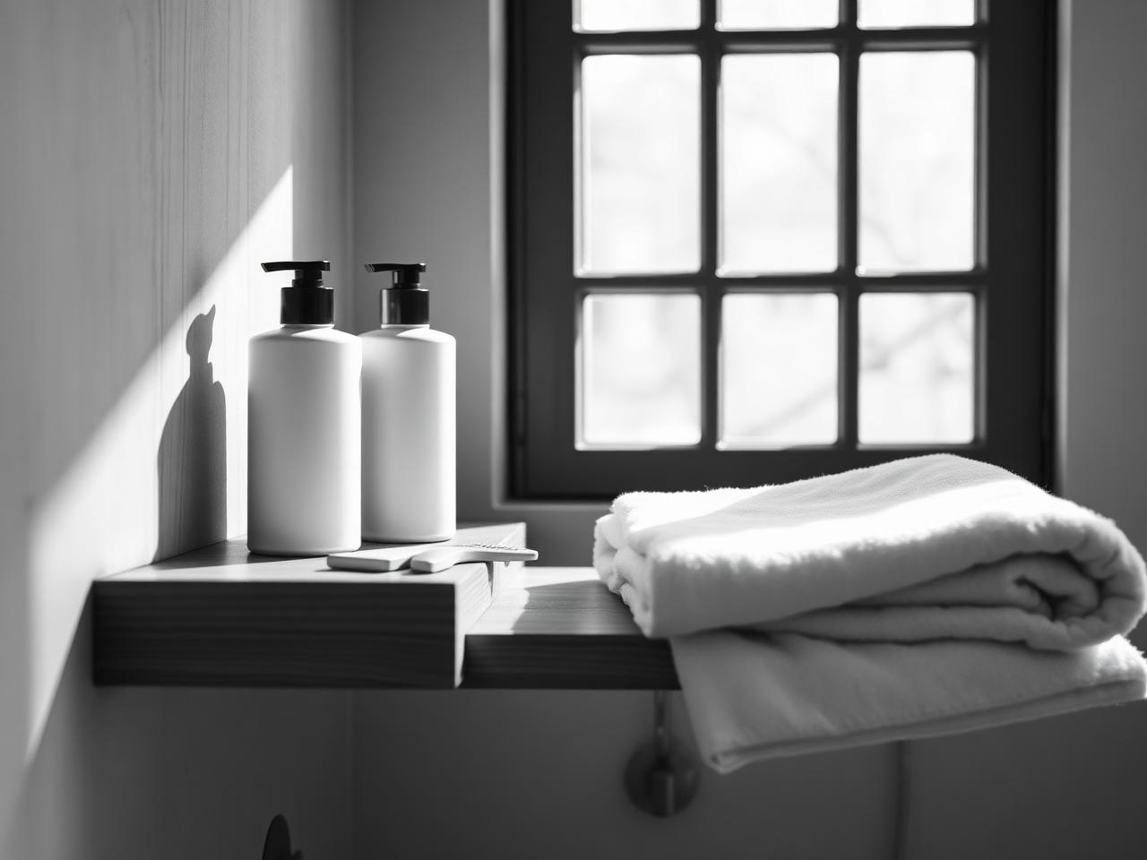 Prateleira de banheiro com produtos capilares minimalistas
