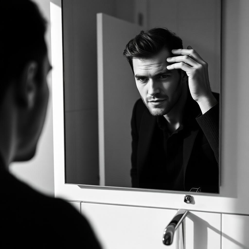 Homem observando discretamente a linha frontal do cabelo diante do espelho, em preto e branco
